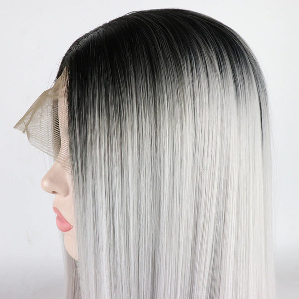 Silver With Black Root Color Straight Lace Front Wig