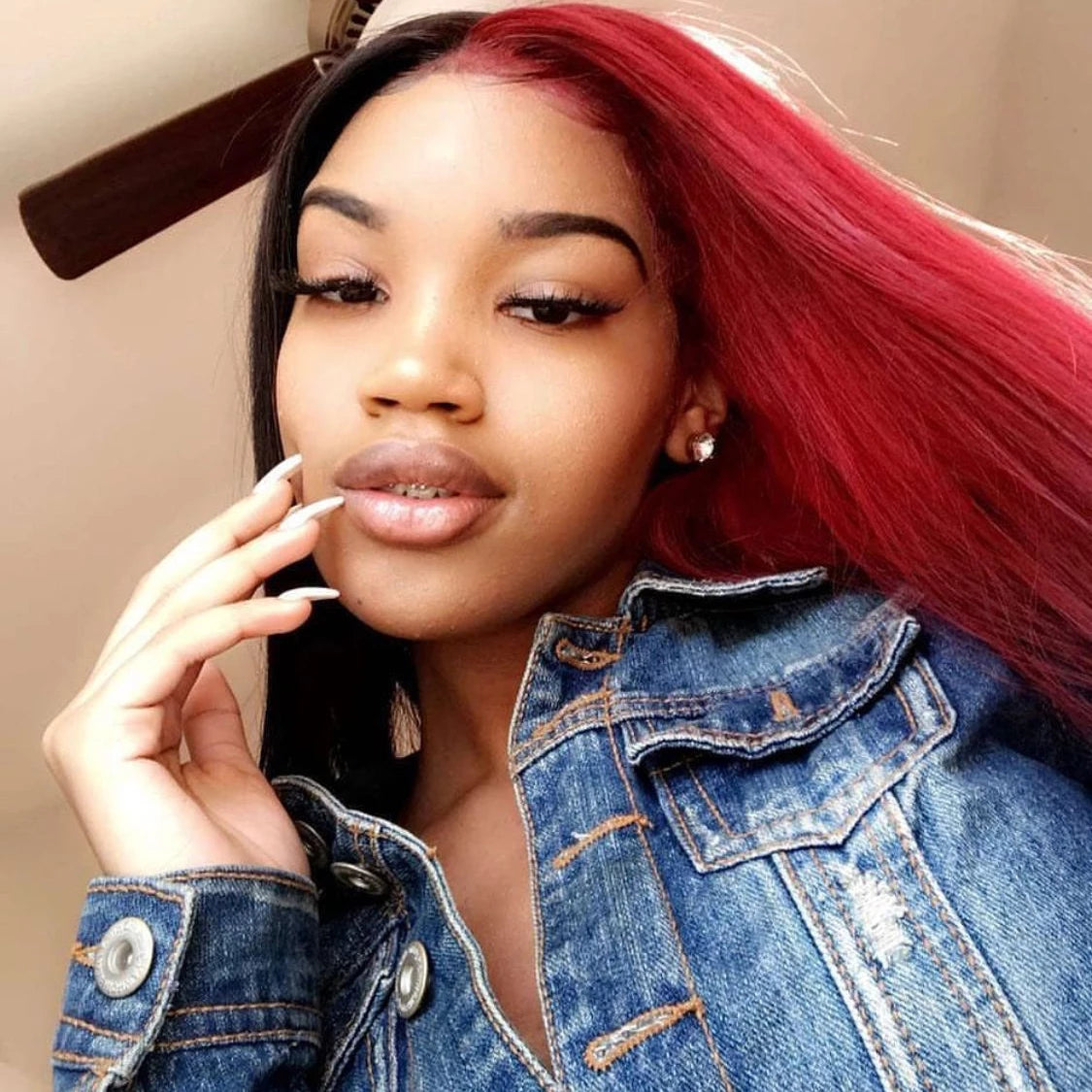 Peruvian Hair Half Red And Half Black Color Straight Lace Front