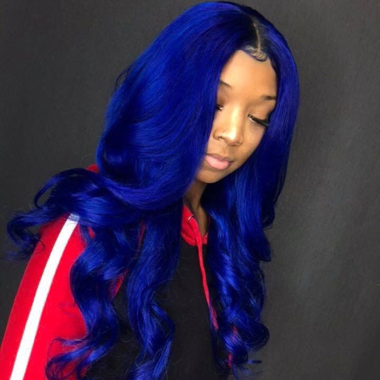 Peruvian Hair Blue Color with Black Root Body Wavy Lace Front Wig