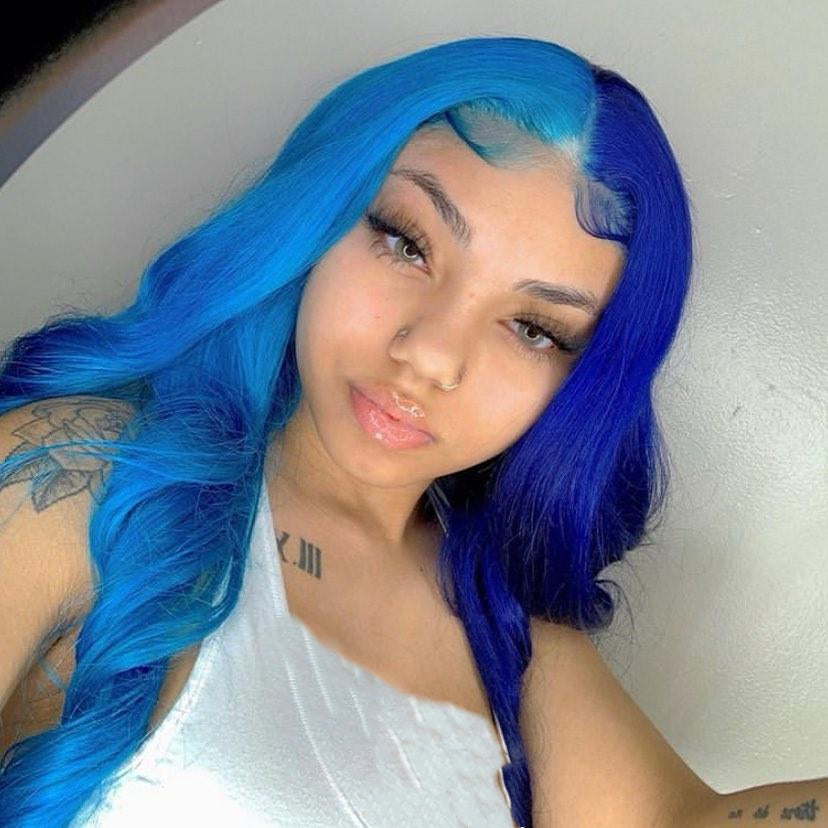 Peruvian Hair Half Light Blue And Half Dark Blue Color Body Wavy