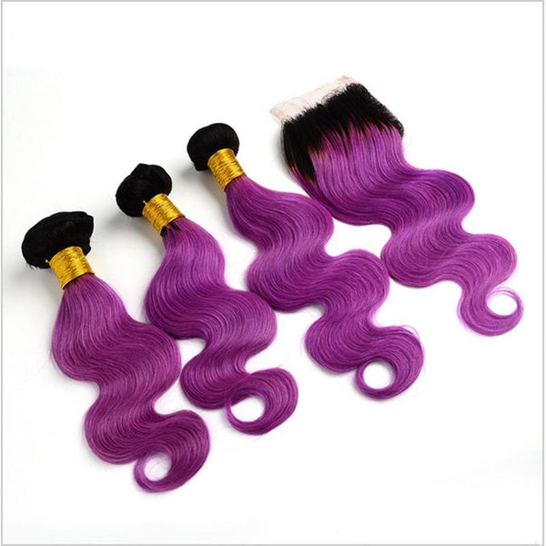 Peruvian Hair Three Weft With One Closure Body Wave purple