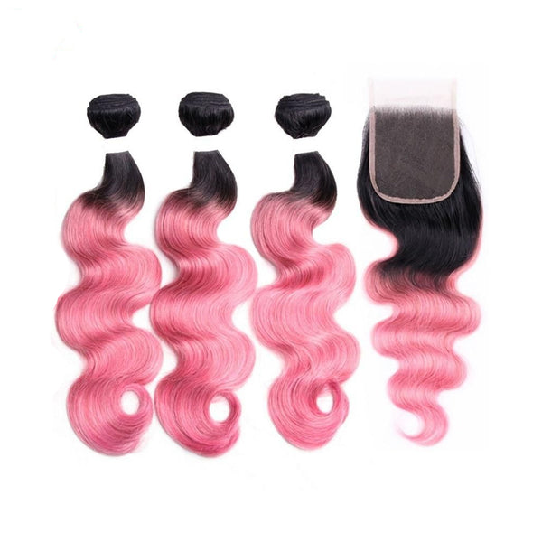 Peruvian Hair Three Weft With One Closure Body Wave pink