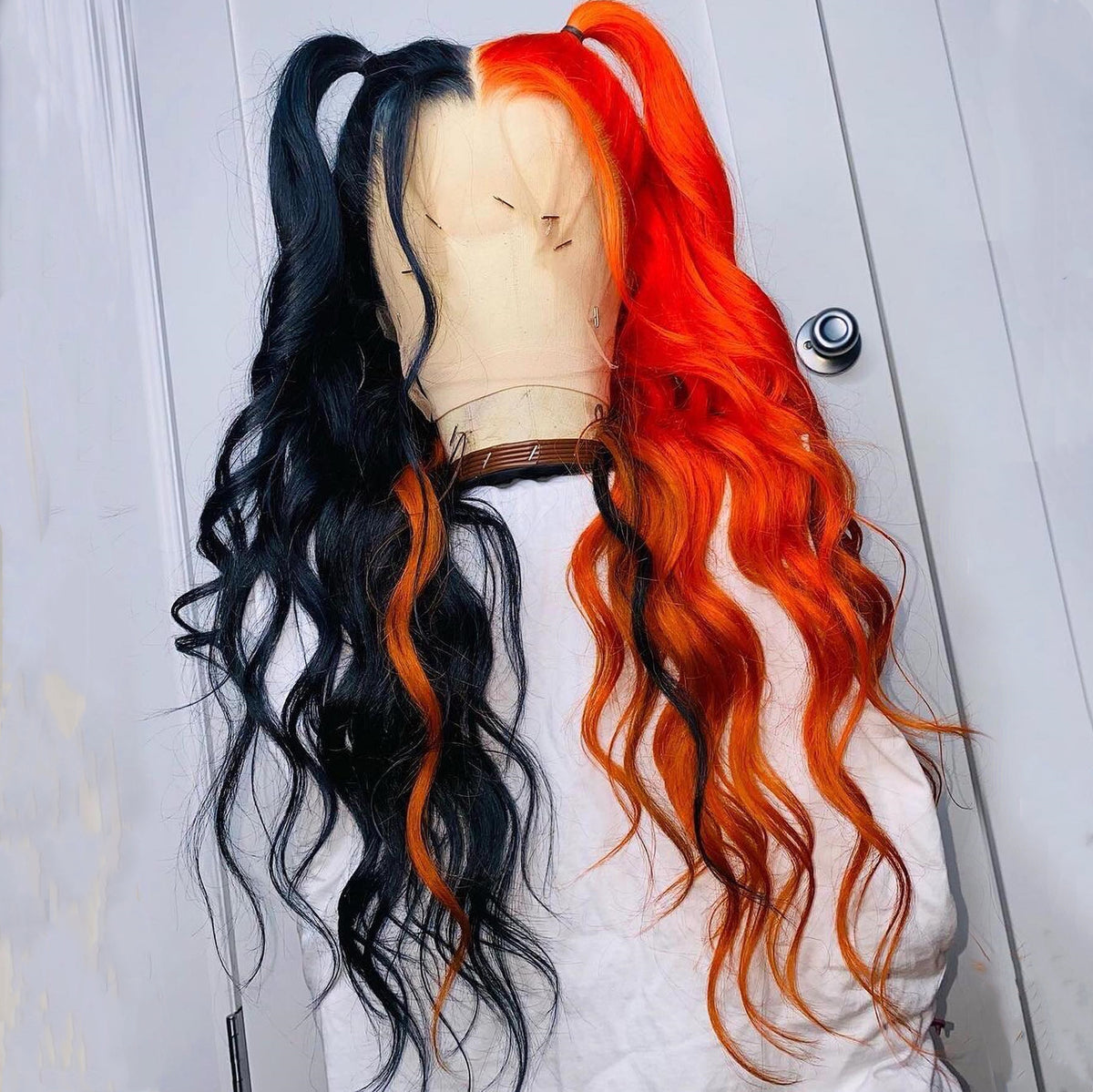 Human hair blend dak orange red curly wavy wig. Ginger Curly Wig, Curly Orange Red Wig With Bangs -- Merry  main image 3