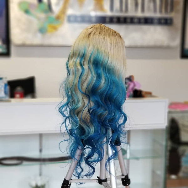 Blue and Blonde with Black Root Color wig