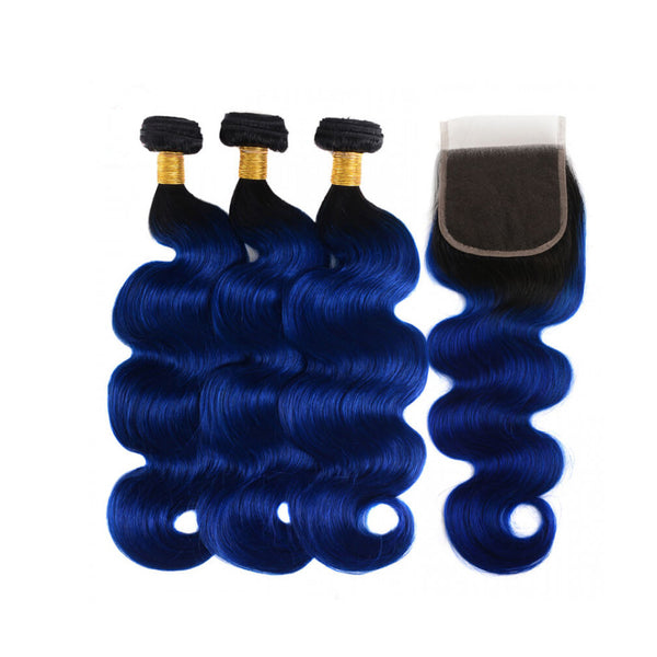 Peruvian Hair Three Weft With One Closure Body Wave blue