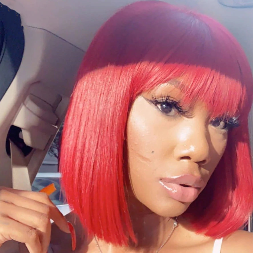 Fashion Cute 100% Human Hair Red Color & Bangs Lace Front 