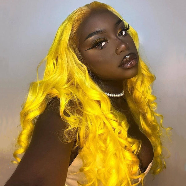 Yellow Lace Front Wig Yellow Color Long Body Wave Lace Front /Closure Wig For  main image 4