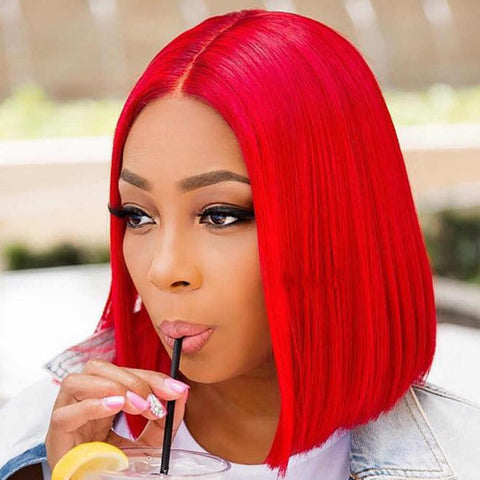 On Sale Peruvian Hair Red Color Straight Lace Front Bob Wig