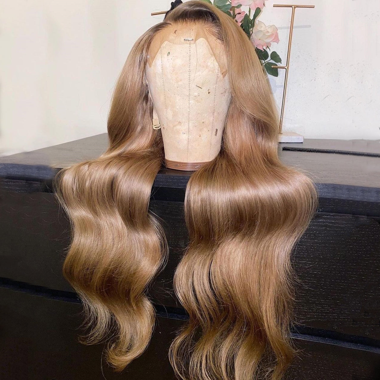 On Sale 100% Human Hair Dark Blond & Brown Root Body Wavy Transparent Lace Front Wig