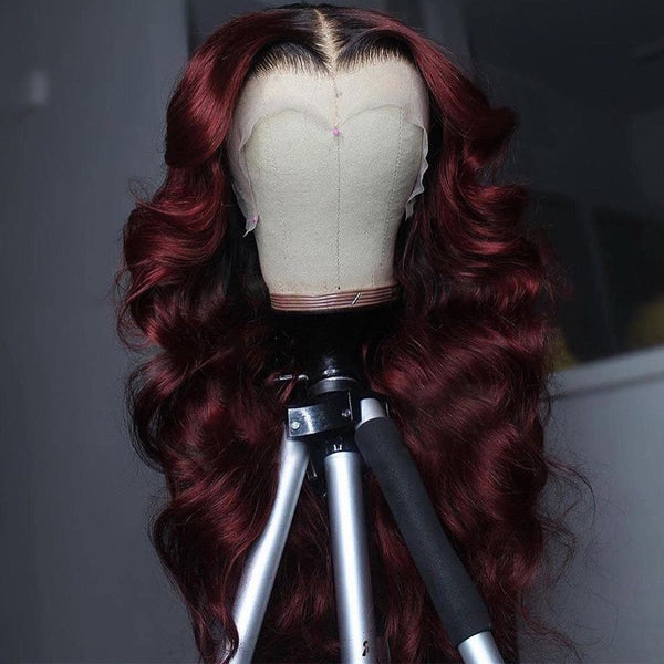 On Sale Peruvian Hair Burgundy with Black Root Color Body Wavy Lace Front Wig