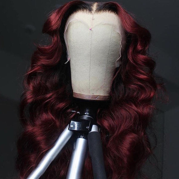 On Sale Peruvian Hair Burgundy with Black Root Color Body Wavy Lace Front Wig