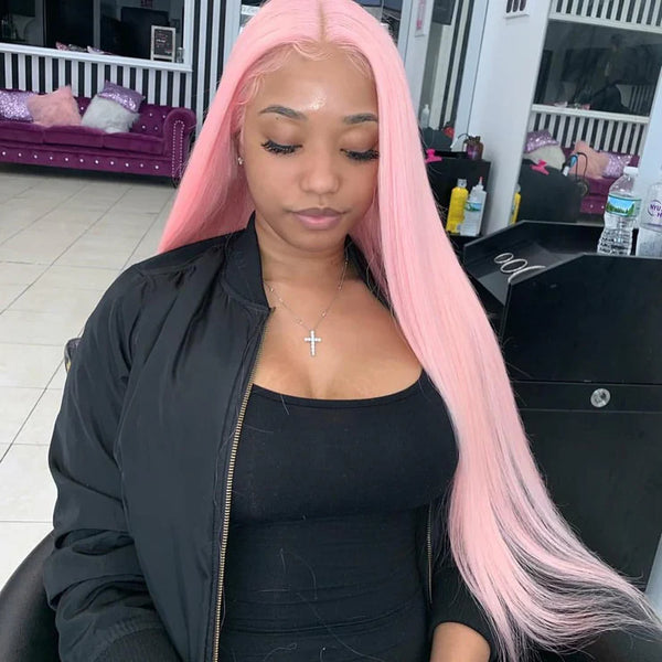 On Sale Peruvian Hair Light Pink Color Straight Lace Front Wig