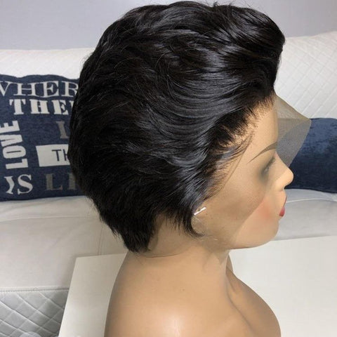 Short Pixie Bob Lace Front Human Hair Black Color Ready to Wear Wigs