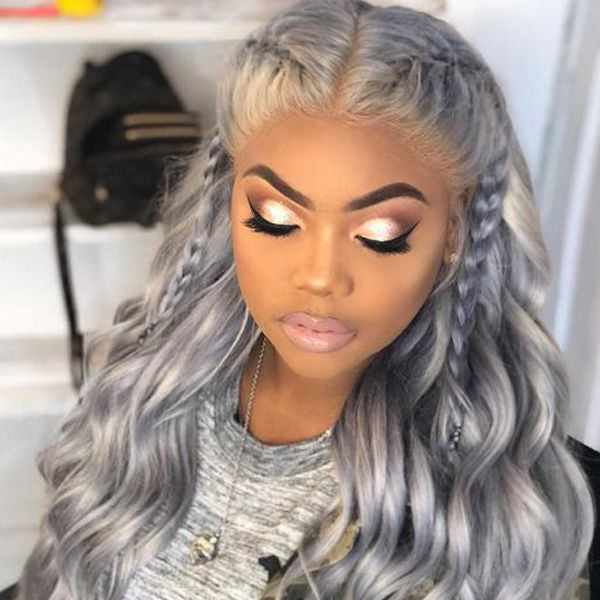 On Sale Peruvian Hair Silver Color Body Wave Long Lace Front Wig