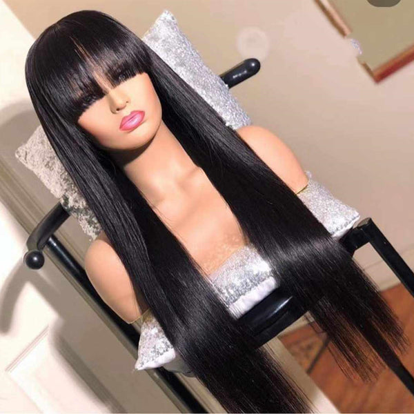 On Sale Peruvian Hair Black Color Straight With Bangs Lace Front Wig