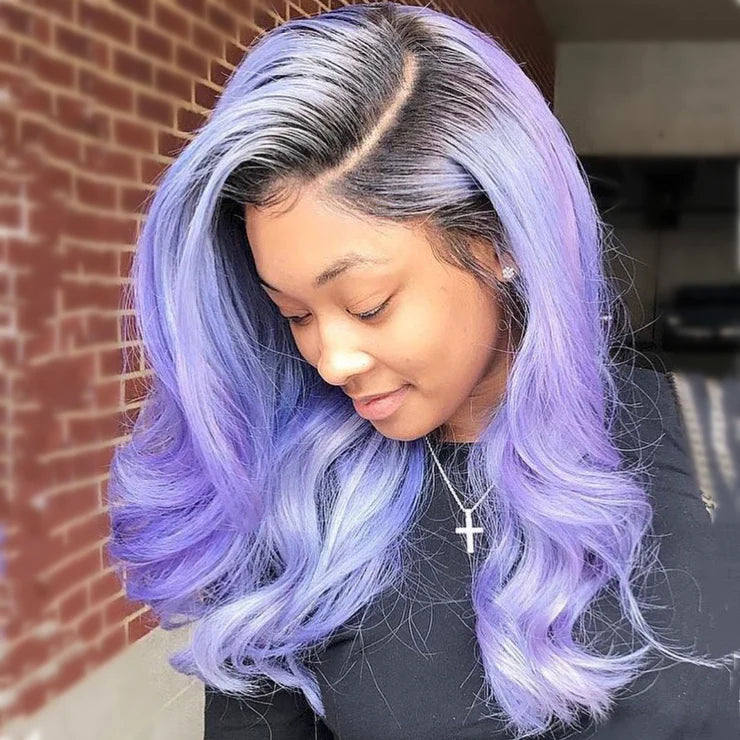 On Sale Peruvian Hair Light Purple Violet with Black Root Wavy Lace Front Wig