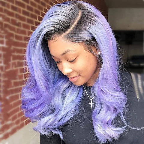On Sale Peruvian Hair Light Purple Violet with Black Root Wavy Lace Front Wig