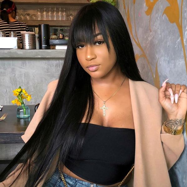 On Sale Peruvian Hair Black Color Straight With Bangs Lace Front Wig