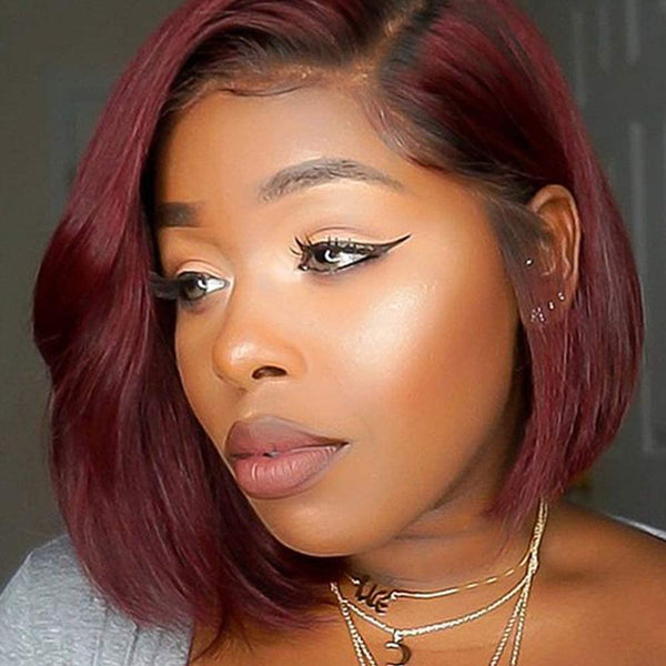On Sale Brazilian Hair Burgundy Mix Black Color Straight Lace Front Bob Wig