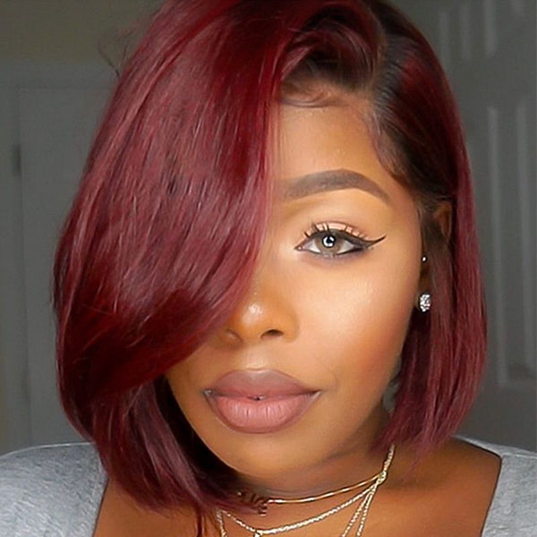 On Sale Brazilian Hair Burgundy Mix Black Color Straight Lace Front Bob Wig