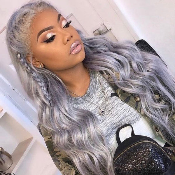 On Sale Peruvian Hair Silver Color Body Wave Long Lace Front Wig