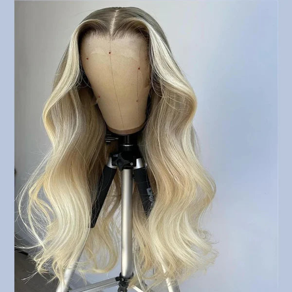 On Sale Peruvian Hair Ice Blond With Dark Root Color Lace Front Wig