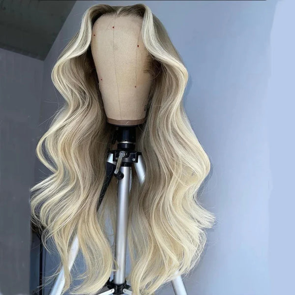 On Sale Peruvian Hair Ice Blond With Dark Root Color Lace Front Wig