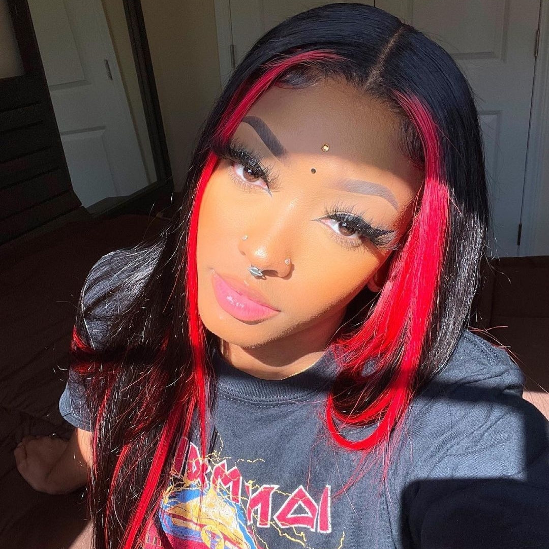 Peruvian Hair Black With Red Color Straight Lace Front Wig