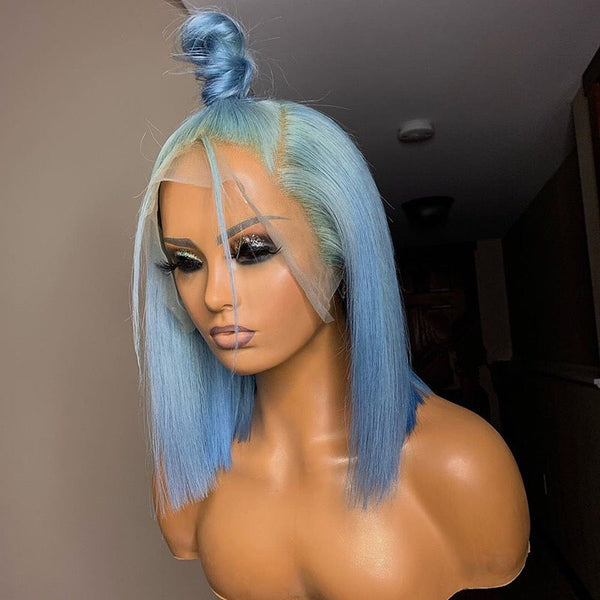 On Sale Pre-Plucked Light Blue Color 100% Human Hair Lace Front Bob Wig