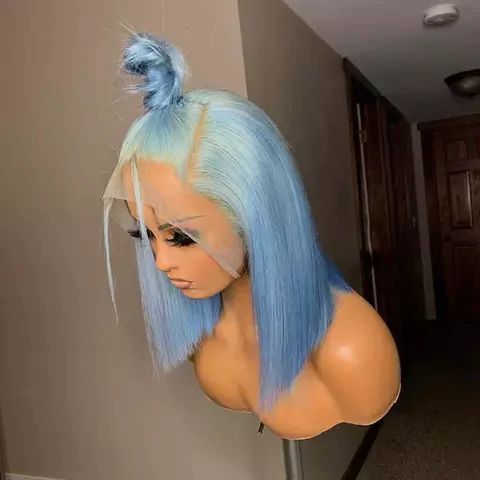 On Sale Pre-Plucked Light Blue Color 100% Human Hair Lace Front Bob Wig