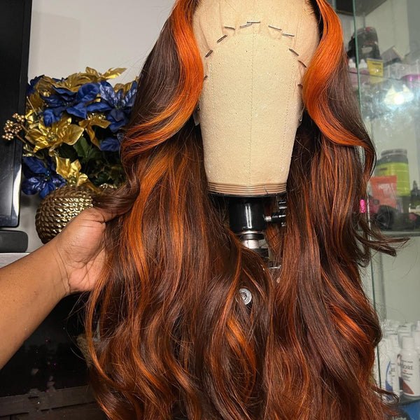 100% Human Hair Orange & Brown Color Lace Front Wig Natural Wavy