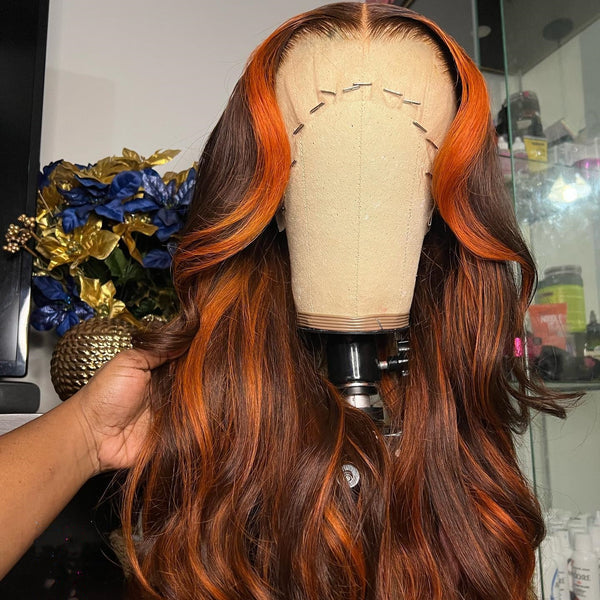 100% Human Hair Orange & Brown Color Lace Front Wig Natural Wavy