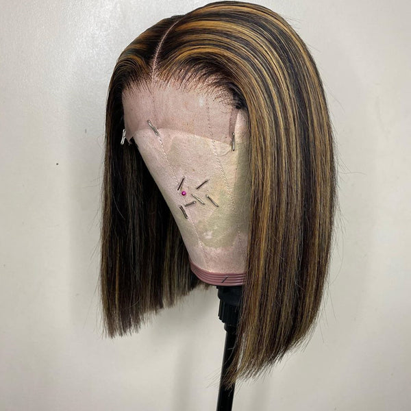On Sale Peruvian Hair Blond and Black Highlights Color Straight Lace Front Bob Wig