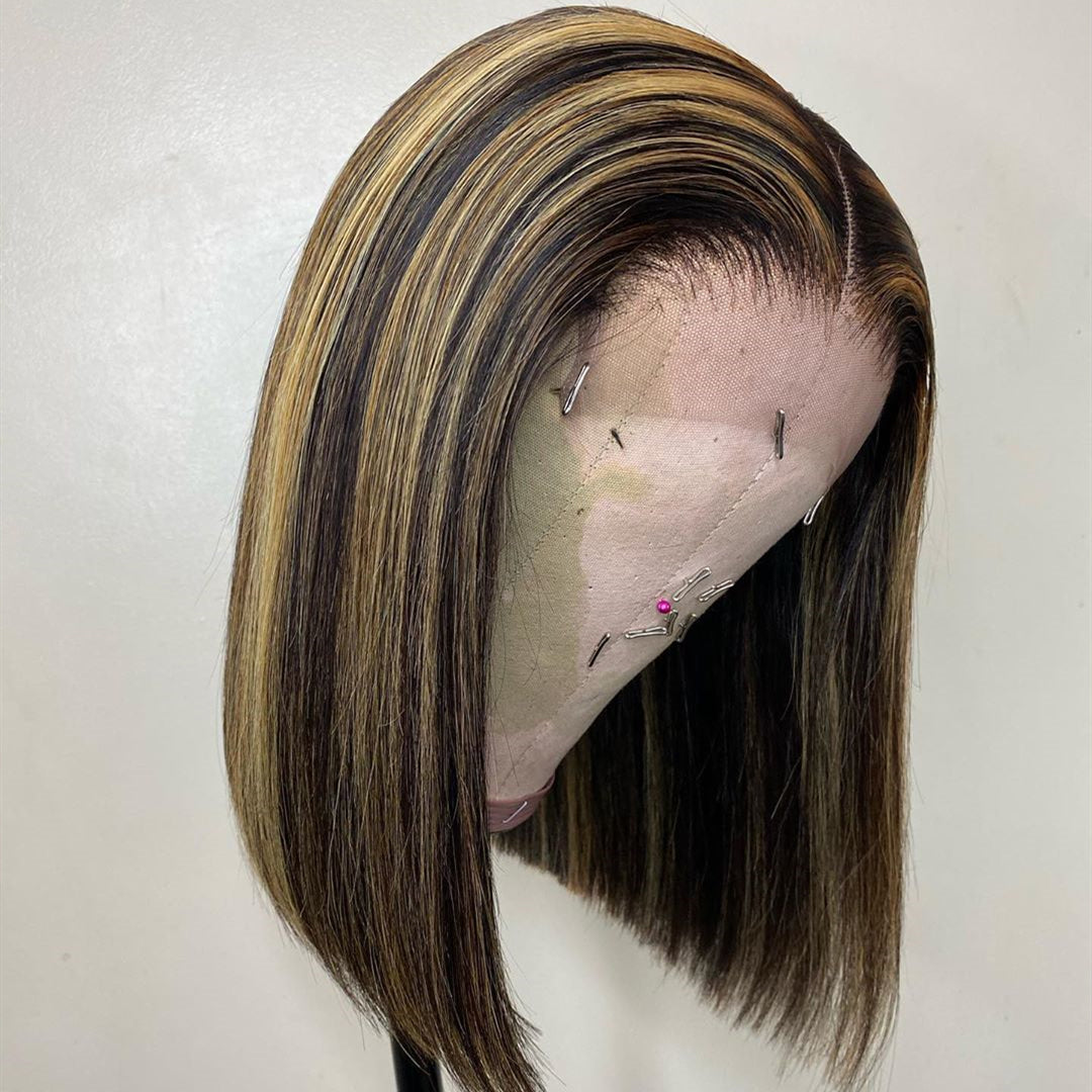 On Sale Peruvian Hair Blond and Black Highlights Color Straight Lace Front Bob Wig
