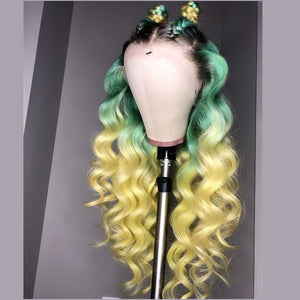 Peruvian Hair Green With Yellow Ombre Color Lace Front Wig
