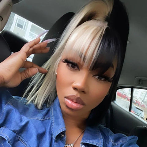 On Sale Straight with Bangs 100% Human Hair Half Light Blond & Black Lace Front Bob Wig