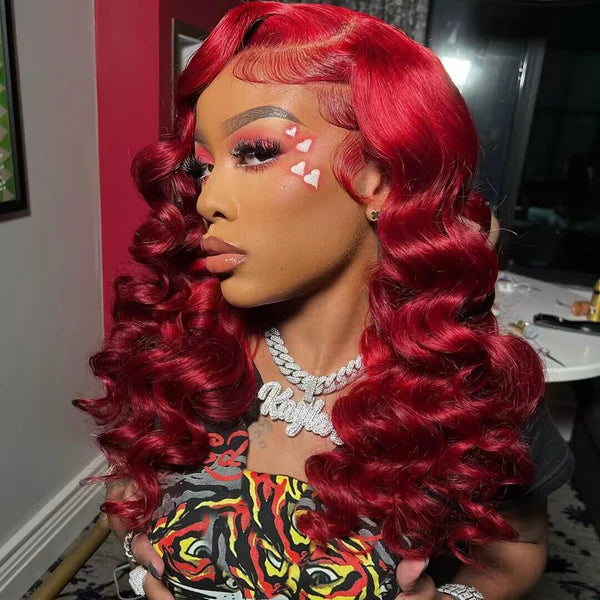 On Sale Peruvian Hair Red Color Loose Wavy Lace Front Wig