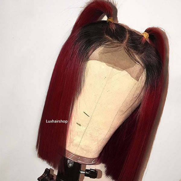 On Sale Brazilian Hair Burgundy Mix Black Color Straight Lace Front Bob Wig