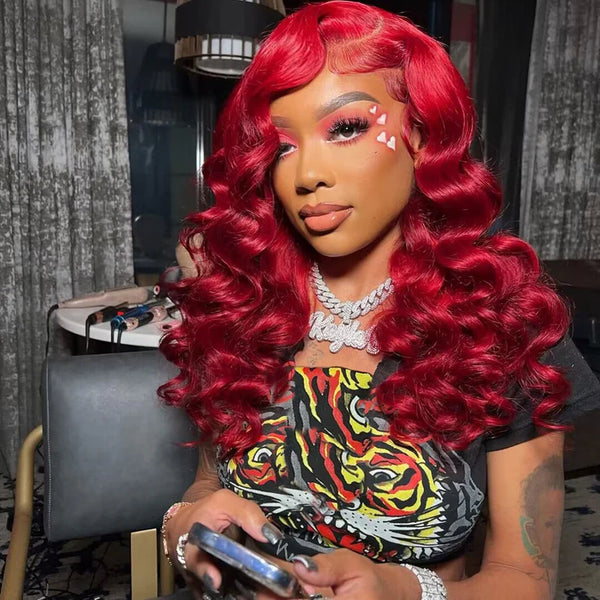 On Sale Peruvian Hair Red Color Loose Wavy Lace Front Wig