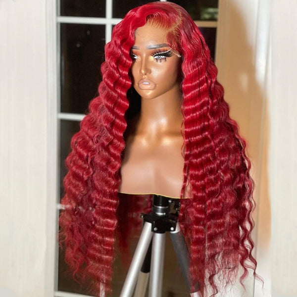On Sale 100% Human Hair Dark Red Color Deep Wavy Lace Front Wig