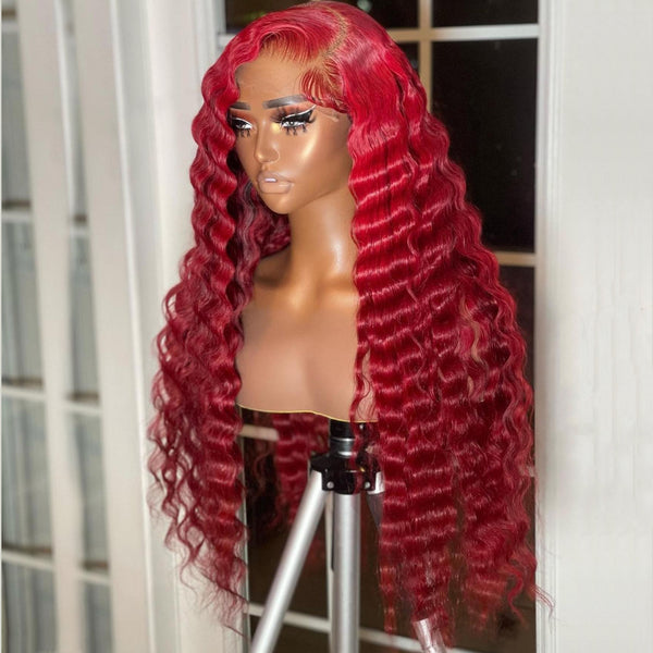 On Sale 100% Human Hair Dark Red Color Deep Wavy Lace Front Wig