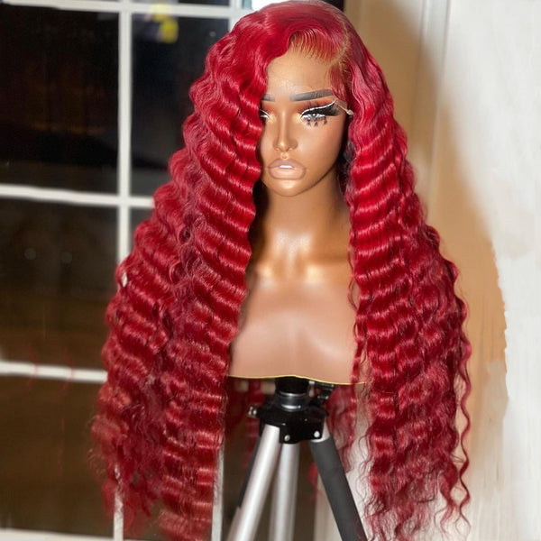 On Sale 100% Human Hair Dark Red Color Deep Wavy Lace Front Wig