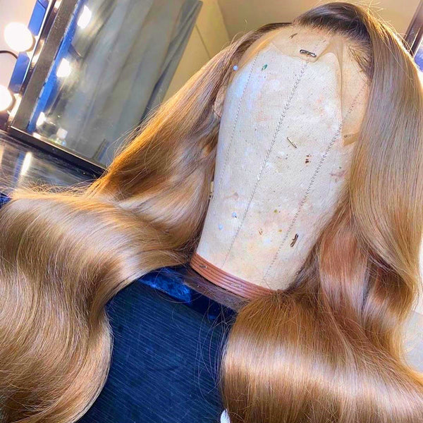 On Sale 100% Human Hair Dark Blond & Brown Root Body Wavy Transparent Lace Front Wig