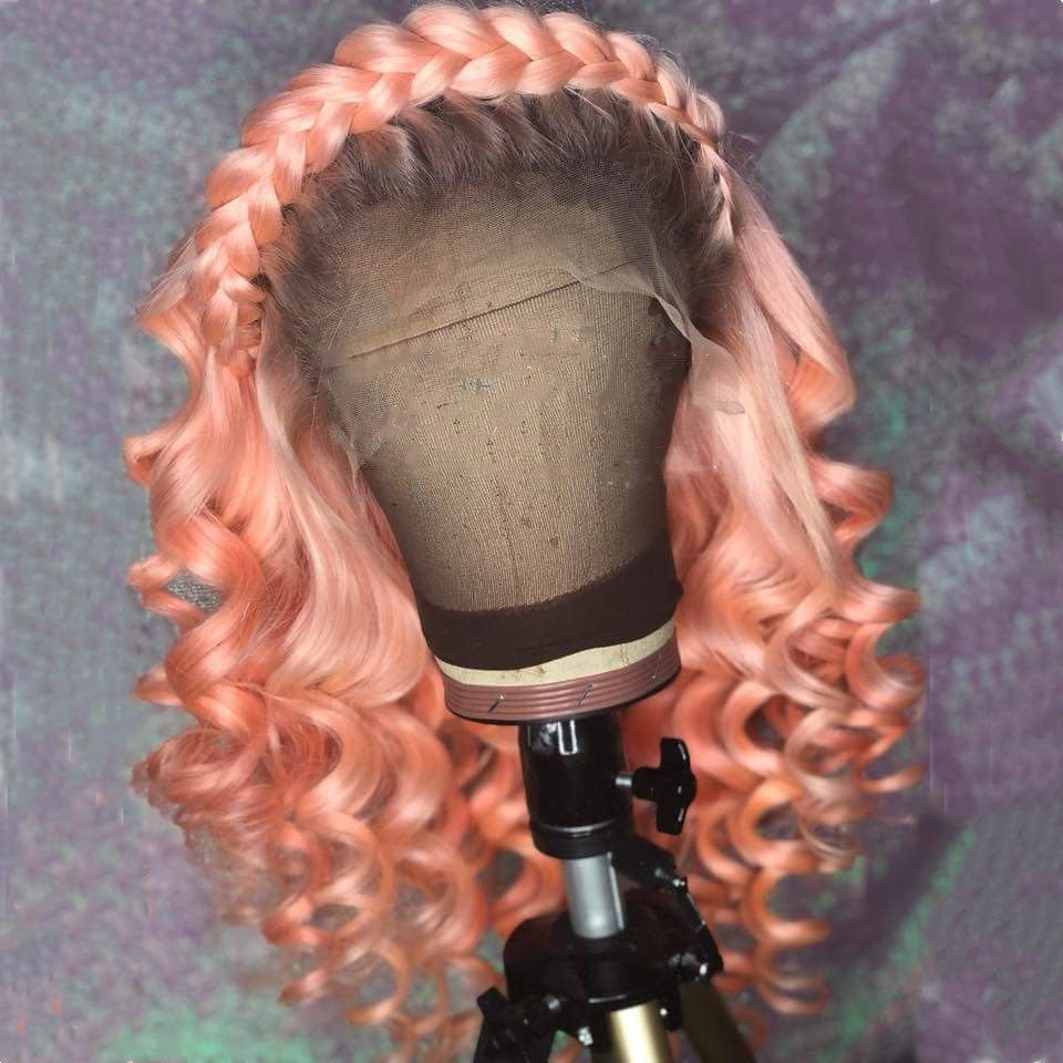 Light Pink Color with Black Root Loose Wavy wig