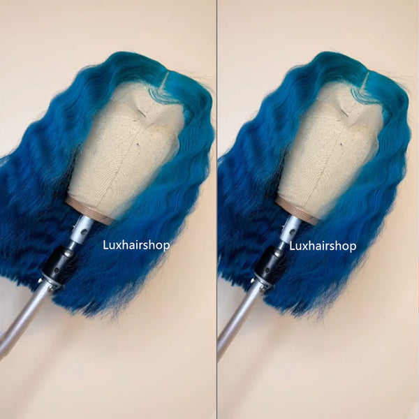 Peruvian Hair Blue Gradient Color Deep Wavy Short Lace Front Wig