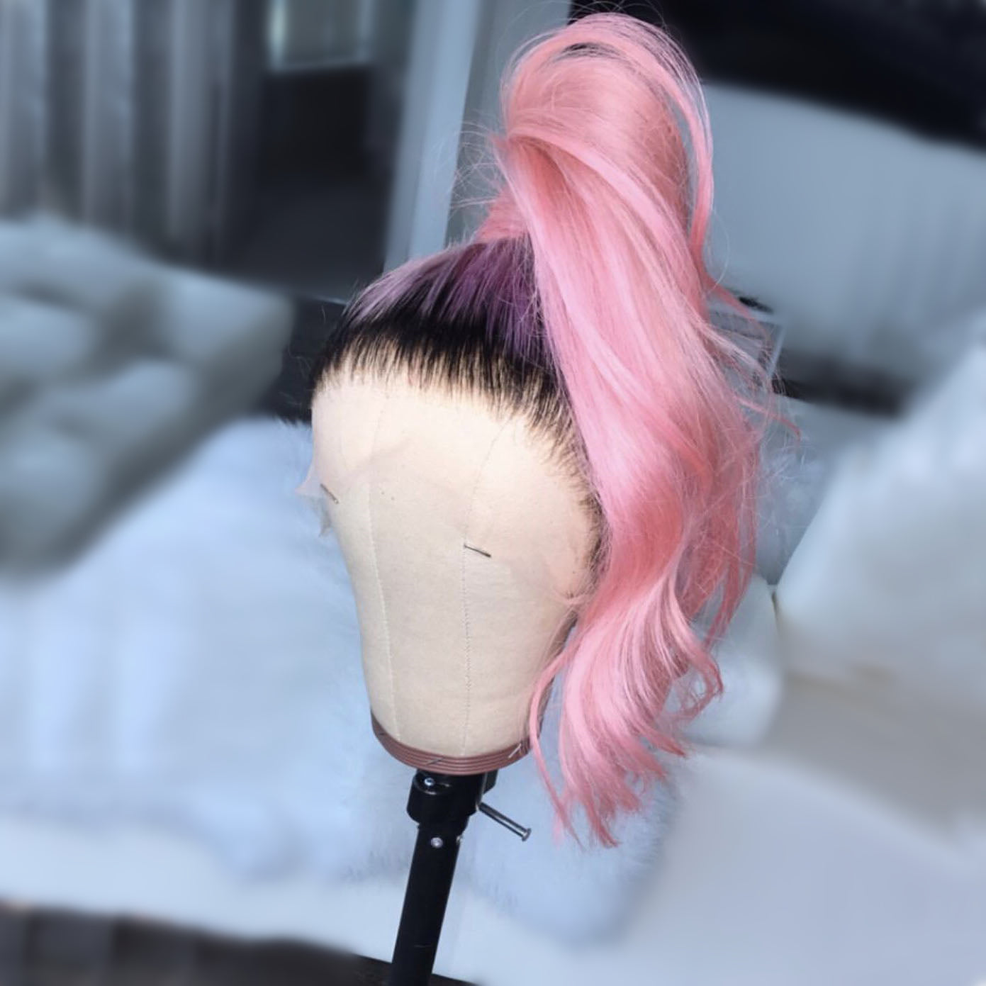 Light Pink Color with Black Root Slight Wavy wig