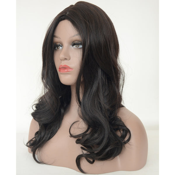 Synthetic Hair Black Color Body Wavy Long Hair Machine Made Wig