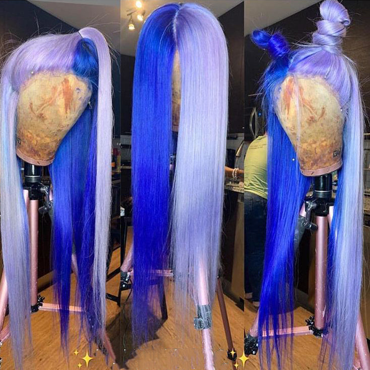 Peruvian Hair Half Purple And Half Blue Color Lace Front Wig
