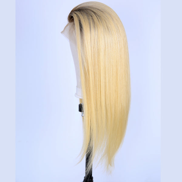 Peruvian Hair Light Blond With Brown Root Fashion Straight Full Lace Wig