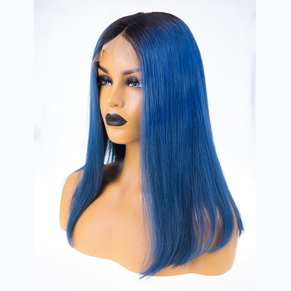 Peruvian Hair Blue With Black Root Color Straight Full Lace Wig